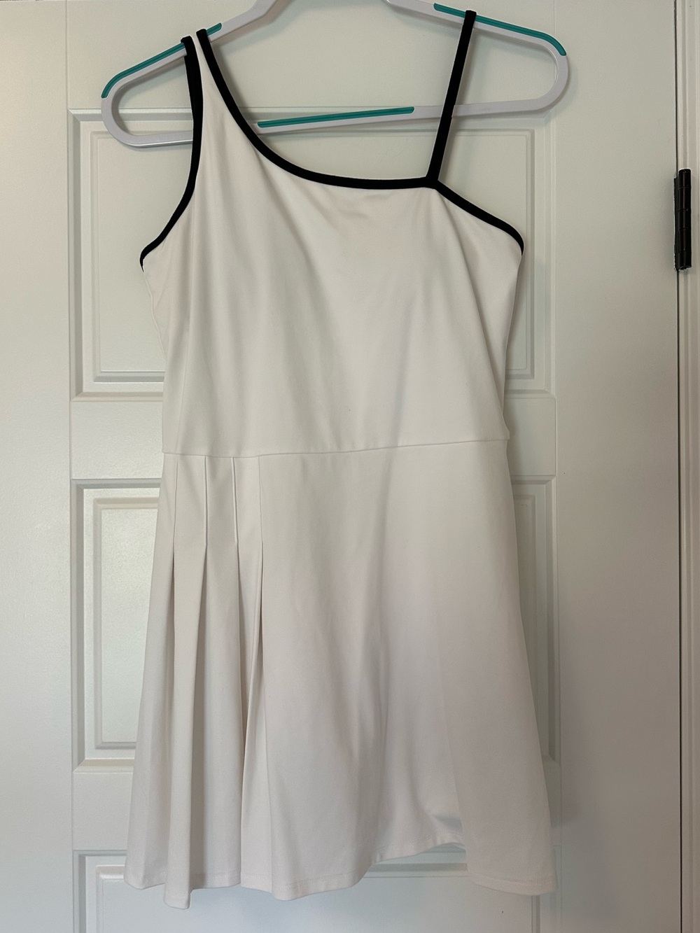 all in motion White One-Shoulder Tennis Dress with Black Trim and Under Shorts